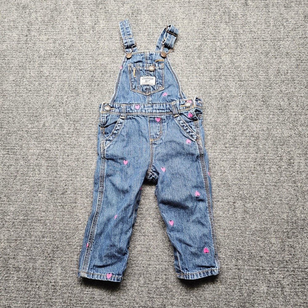 OshKosh Bgosh Baby Girls Denim Heart Embroidered Overalls 12 Months Blue Pink